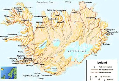 Physical map of Iceland